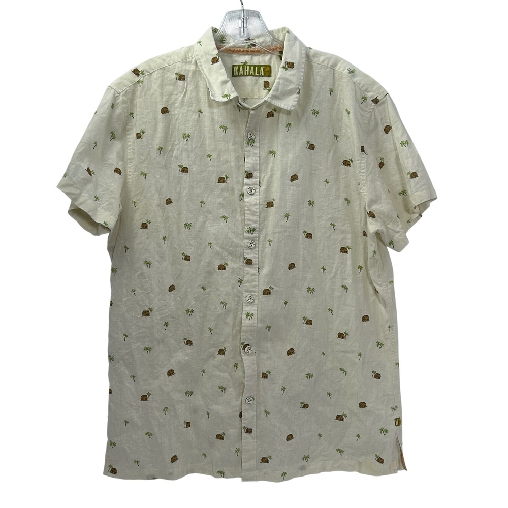 Kahala‎ 1936 Mens Linen Cotton Tropical Palm Tree Hut Aloha Shirt Cream Large
